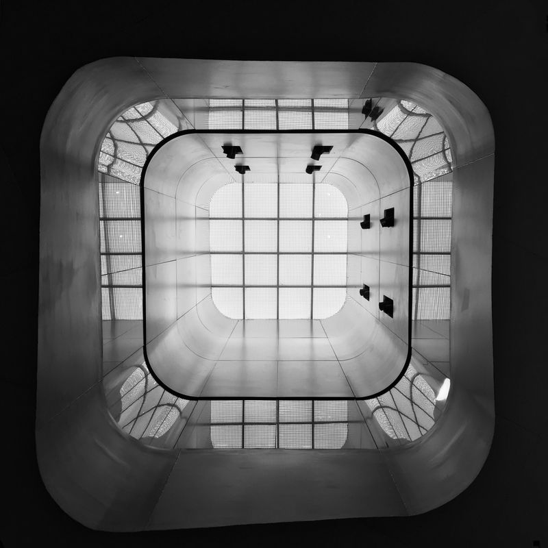 grayscale photo of a skylight